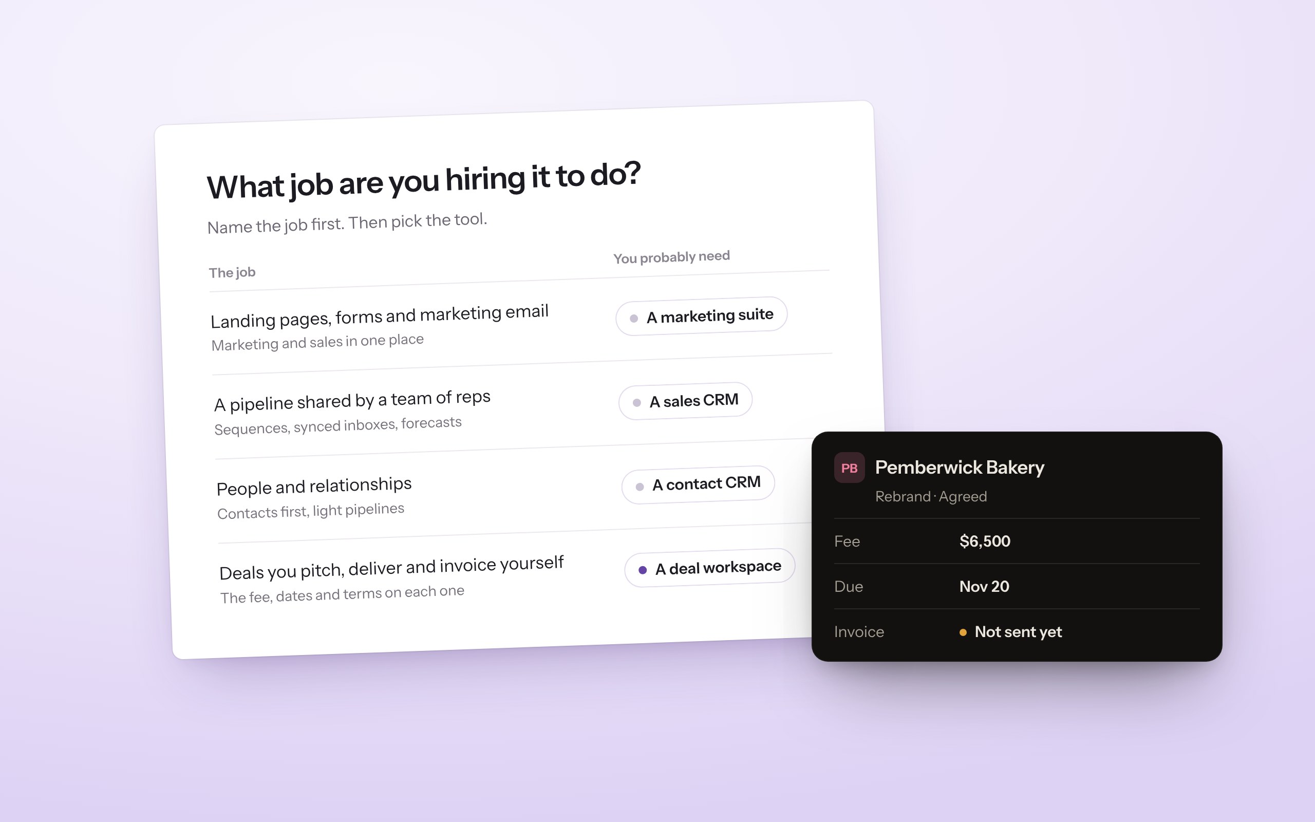 A three-row filter for choosing a HubSpot alternative: inbound marketing points to a marketing suite, a sales team points to a sales CRM, and one person running deals from pitch to paid points to a deal workspace.