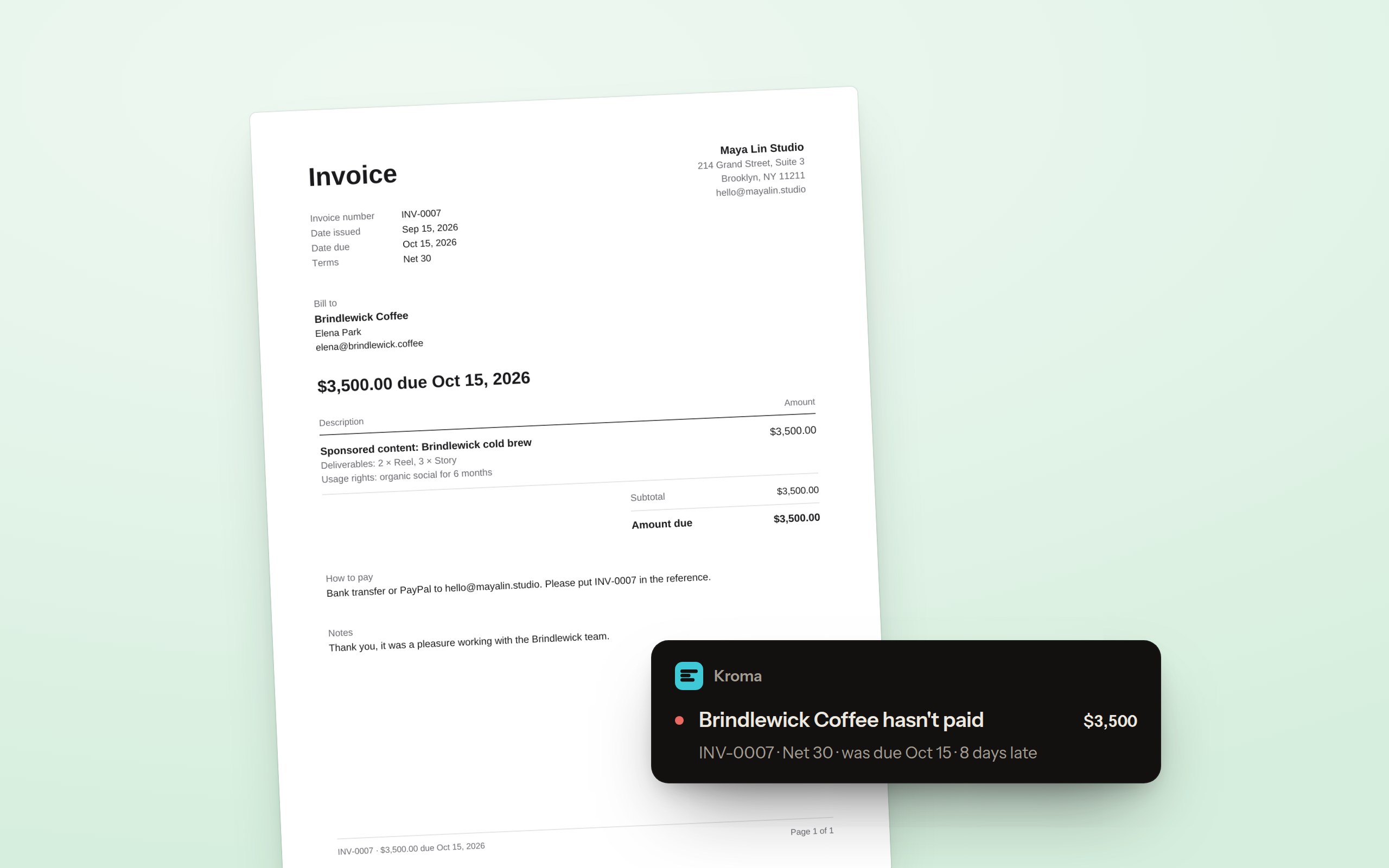 An example invoice, INV-0007 for $3,500 due Oct 15, with a Kroma note that Brindlewick Coffee hasn't paid and is 8 days late.