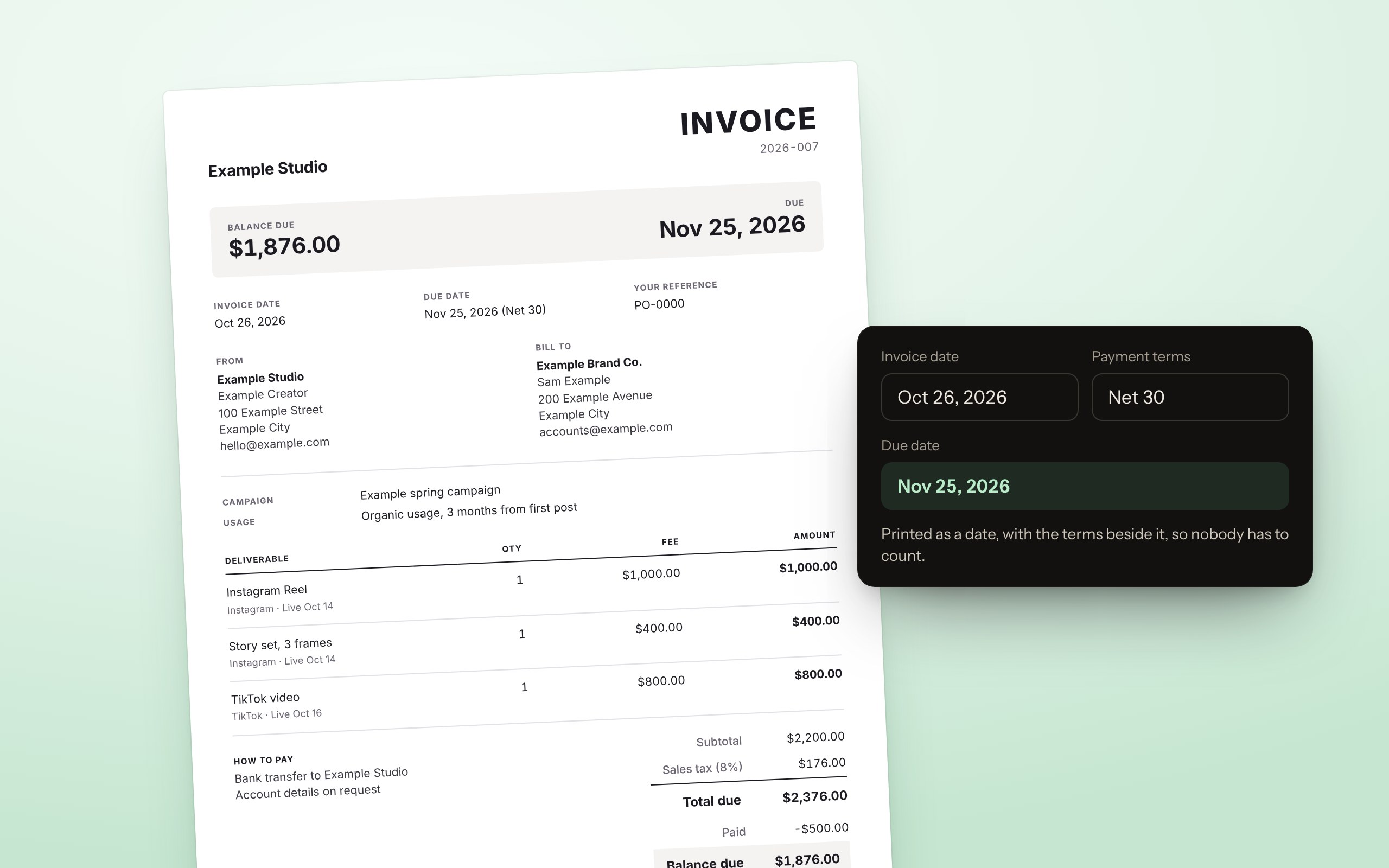 An example invoice from the free maker, for a made-up studio billing a made-up brand, with the total and the due date in a band at the top, three deliverables with live dates, and totals with tax and a part payment.