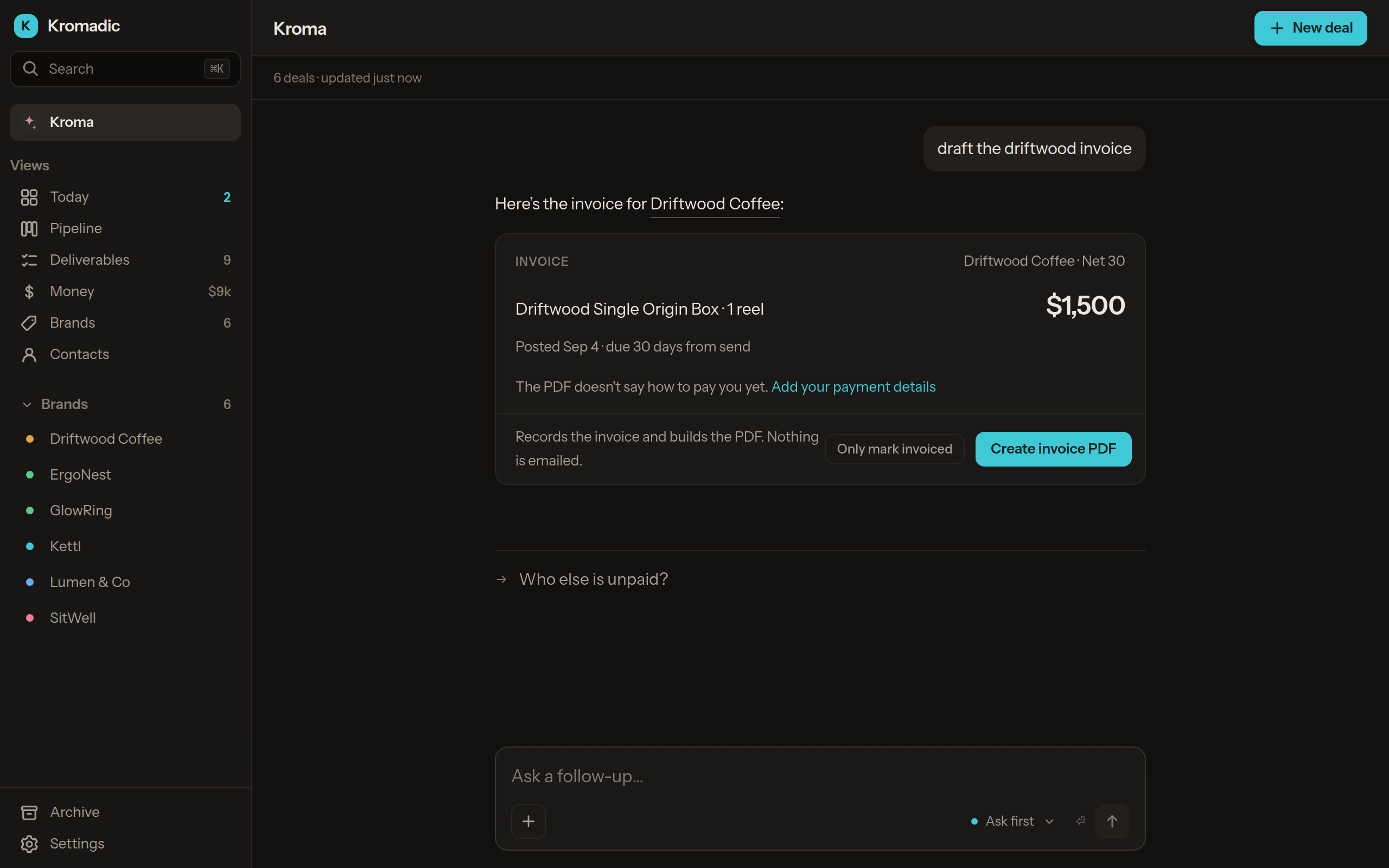 Kroma drafting an invoice, with the amount, terms and a button to create the PDF.