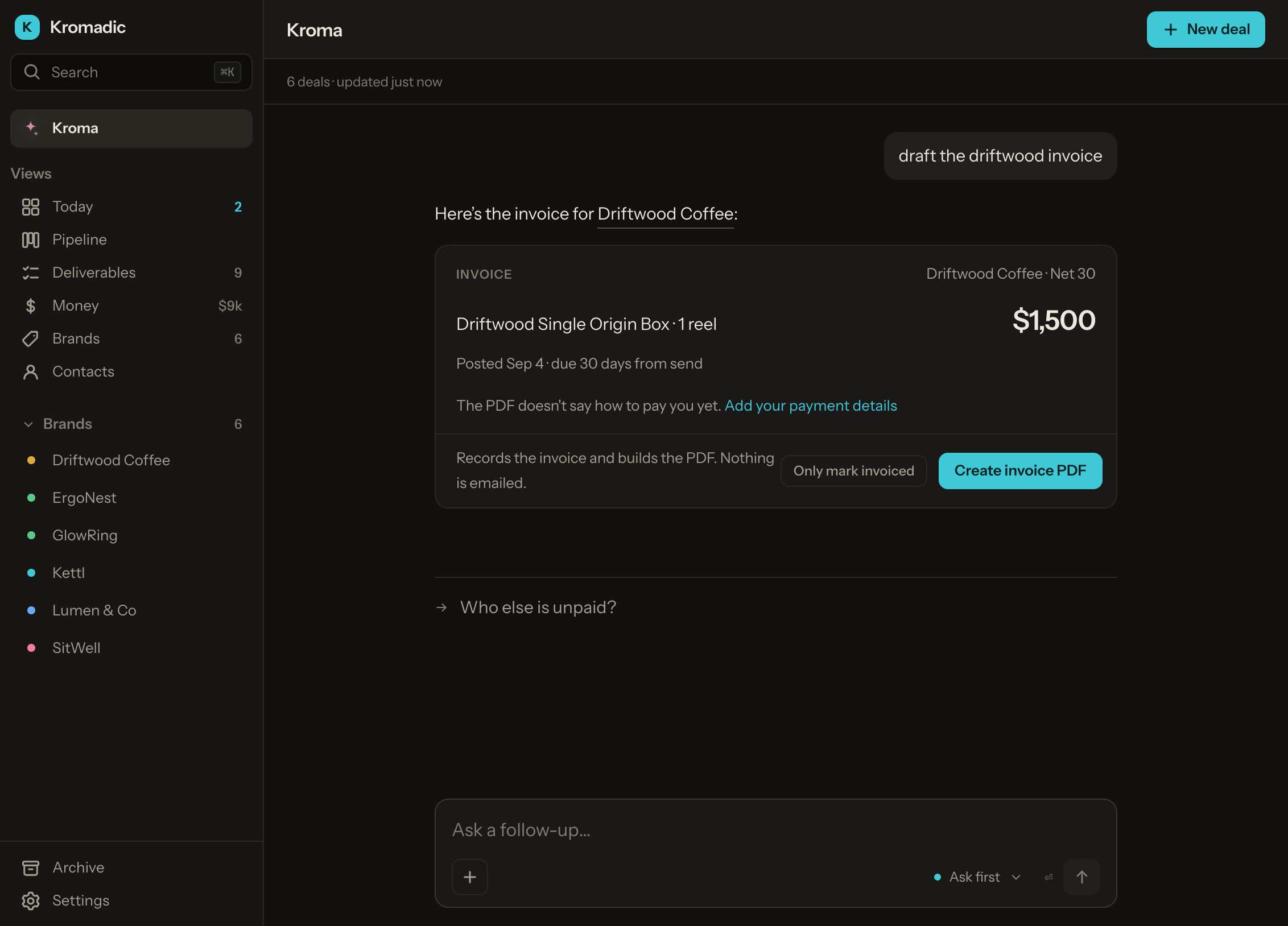 Kroma proposing an invoice for Driftwood Coffee: $1,500, net 30, with buttons to create the PDF or only mark it invoiced.